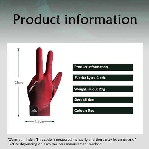 Red 3 Finger Pool Gloves for Left Hand - Billiards - Red