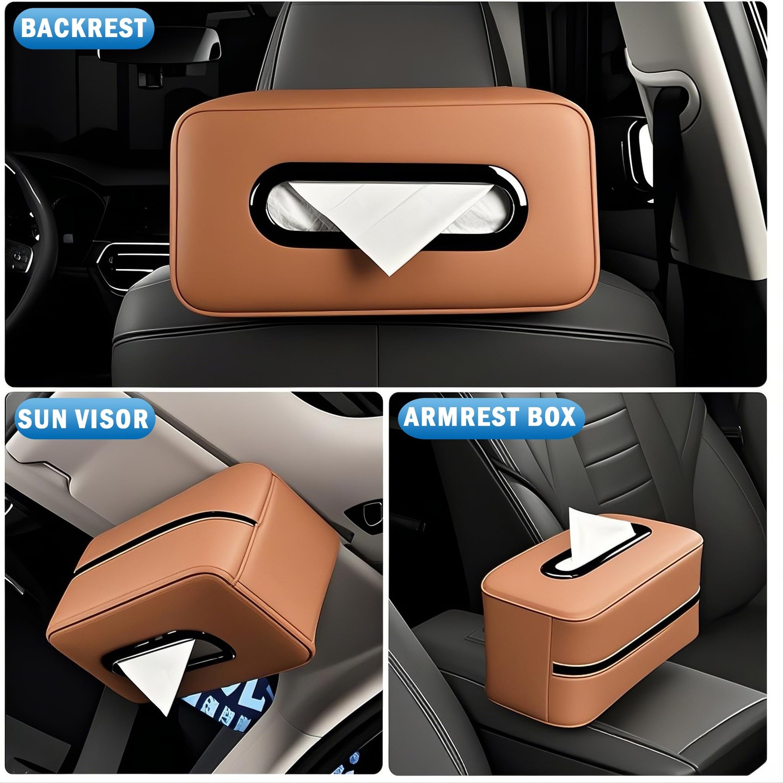 1 PCS Car Tissue Holder Universal Soft PU Leather Box OrangeBrown