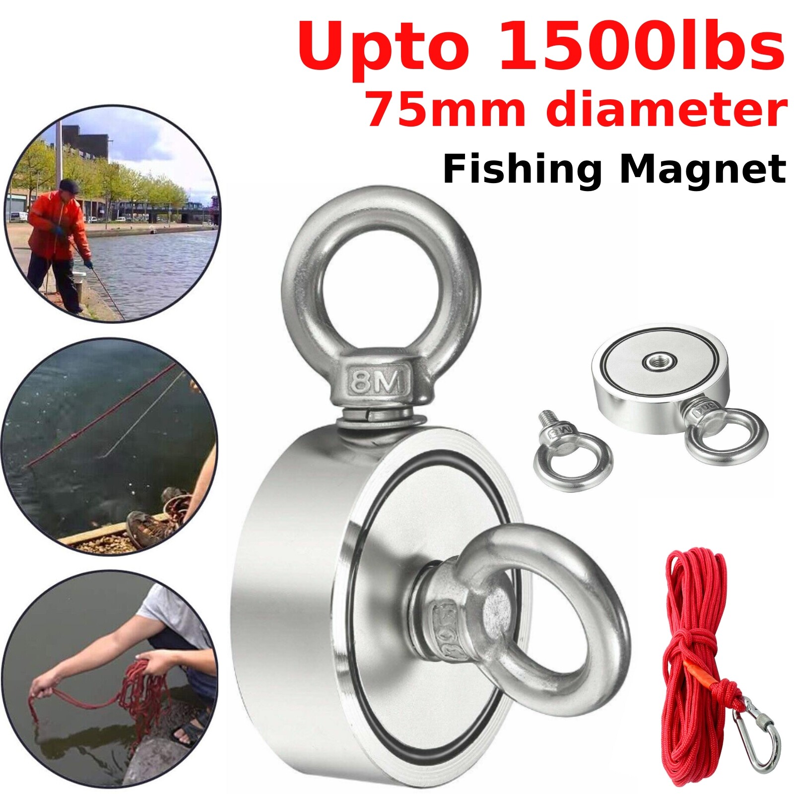 1500LBS Fishing Magnet Kit Searching Hunt Strong Power Neodymium + Rope Set 75mm