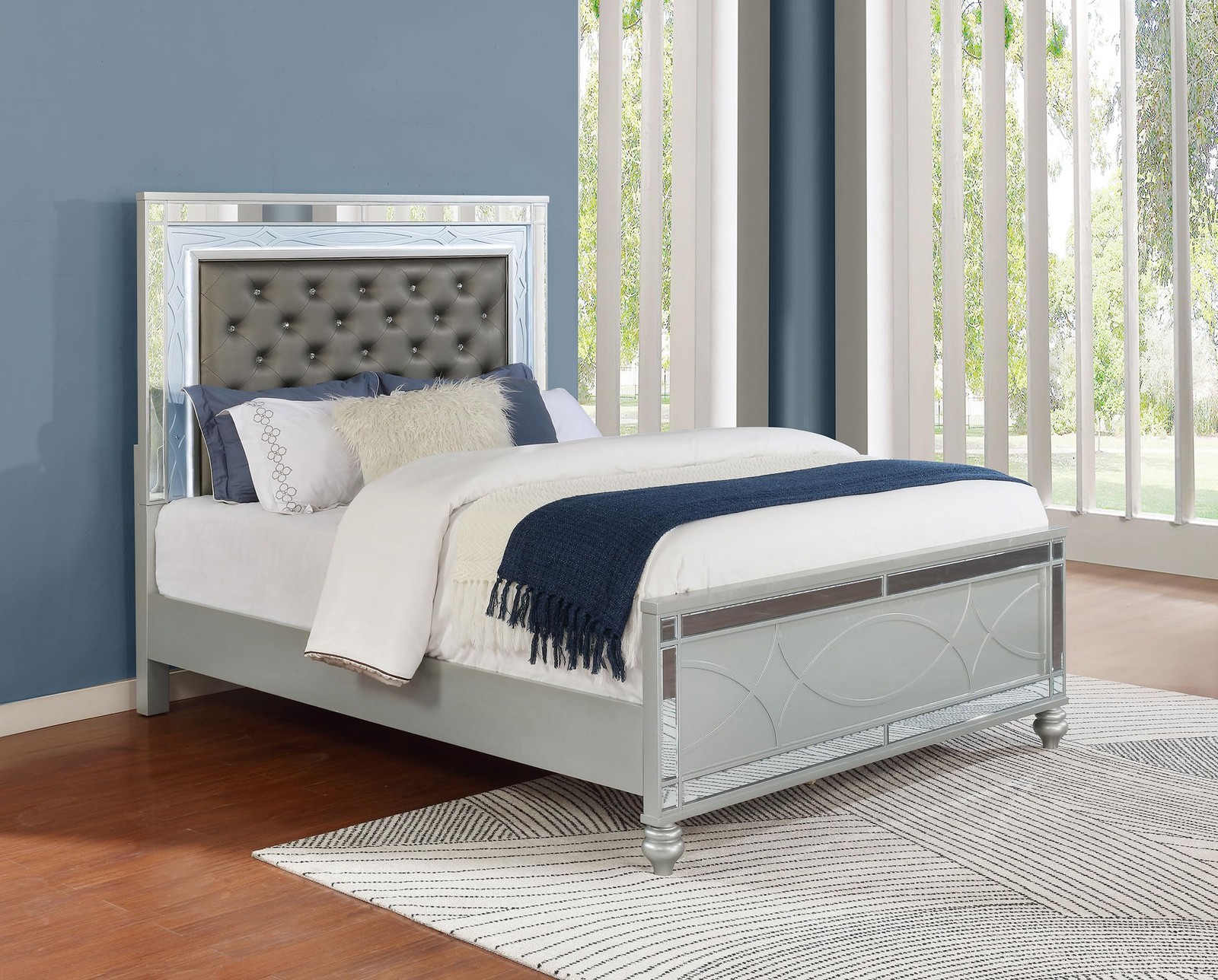 Pemberly Row Faux Leather Queen Panel Bed in Silver Metallic