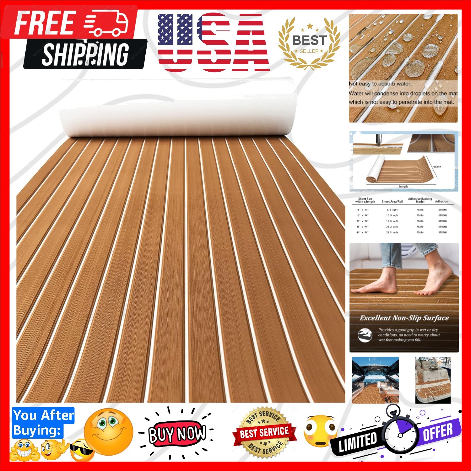 Boat Flooring EVA Foam Decking Sheet Faux Teak Marine Mat Non-Slip Boat Carpe...