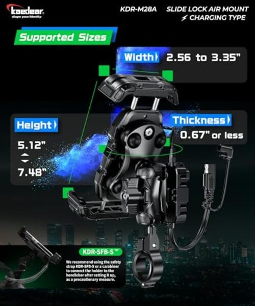 Motorcycle Smartphone Holder, Air Mount Vibration Absorption, QI & USB