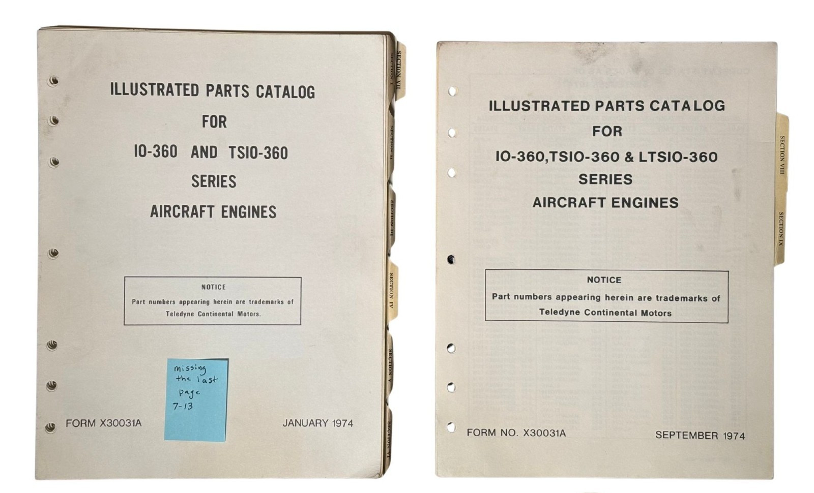 Teledyne IO-360 L/TSIO-360 Aircraft Engine Parts Catalog Set – Jan & Sept 1974