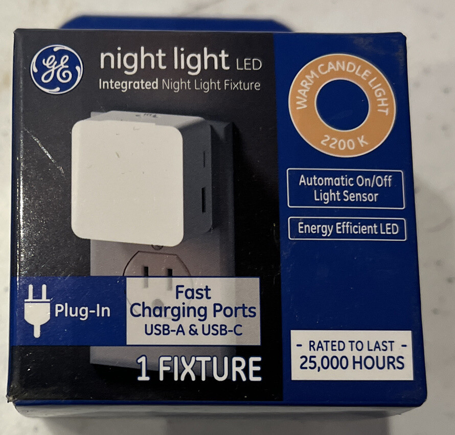 GE Automatic On Off LED Plug In Night Light With USB-A & USB-C Charging Ports