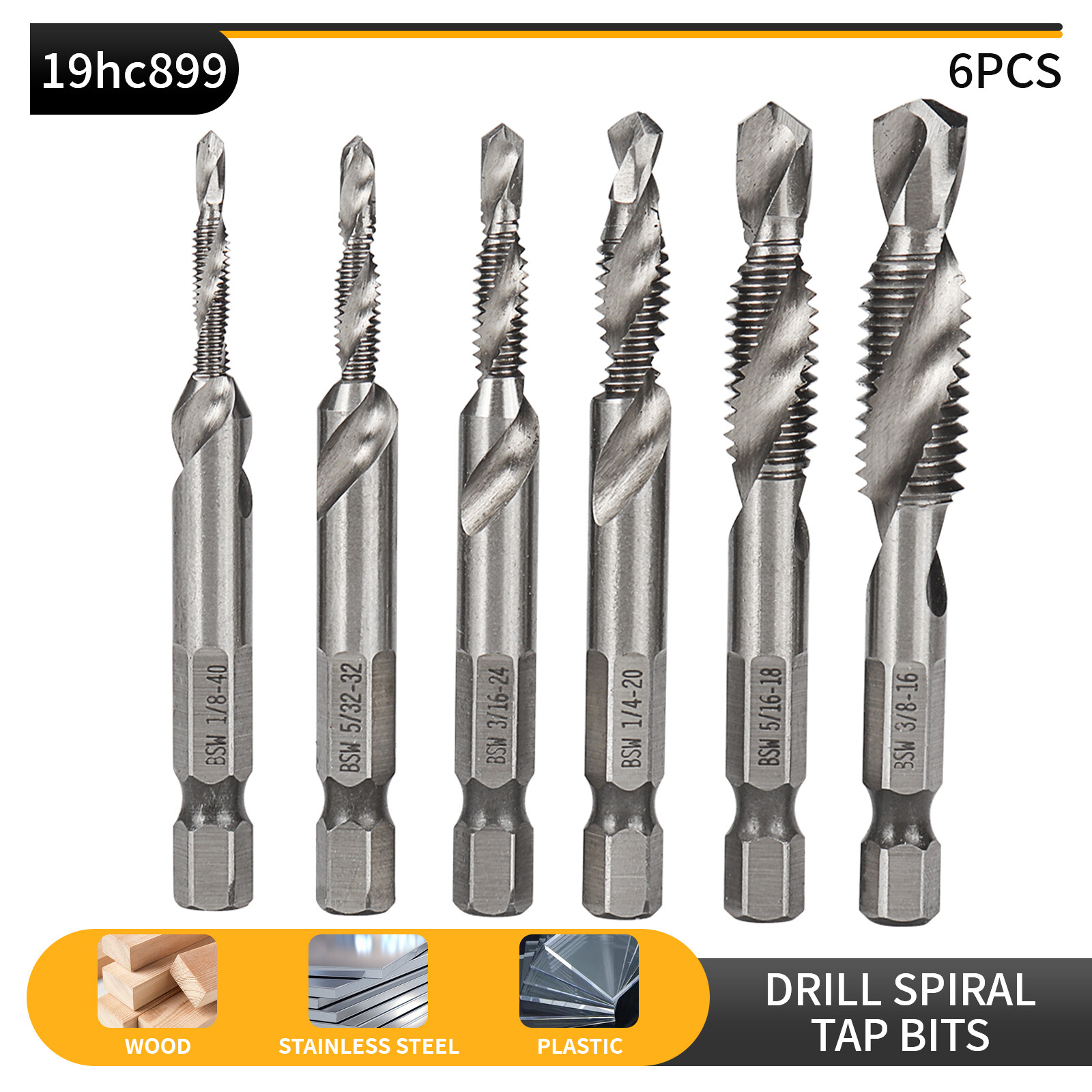 6pcs HSS 1/4" Hex Shank SAE Drill Tap Combination Bit Set Deburr Countersink Bit