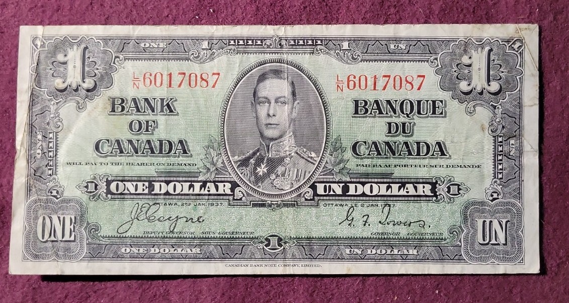 1937 Bank of Canada $1  - Coyne-Towers signatures - Pick# 58e - Solid VG