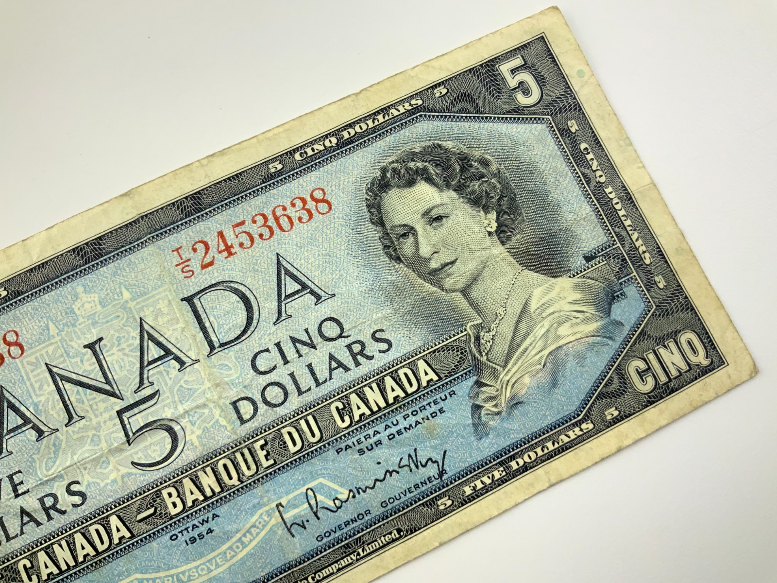 1954 Canada 5 Dollars Circulated Banknote TS Prefix Beattie Rasminsky II716