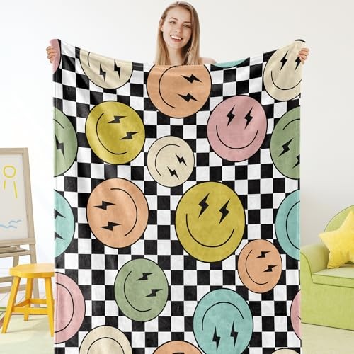 Fuzzy Flannel Blanket Hippie Smile Face Checkerboard Throw Blanket for Home