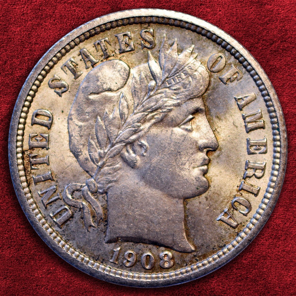 1908-P BARBER SILVER DIME, 10C, OBVERSE RPD *UNCIRCULATED CONDITION*