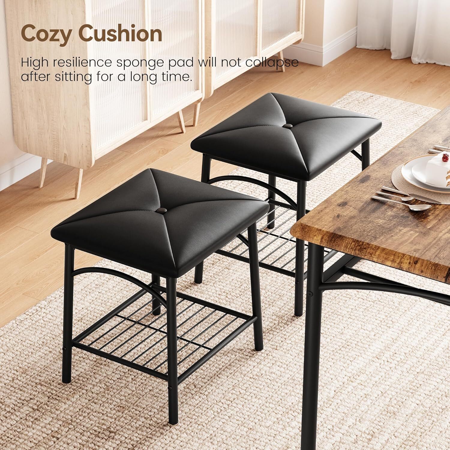 Dining Table Set for 4 with Upholstered Benches and Stools Kitchen Table Storage