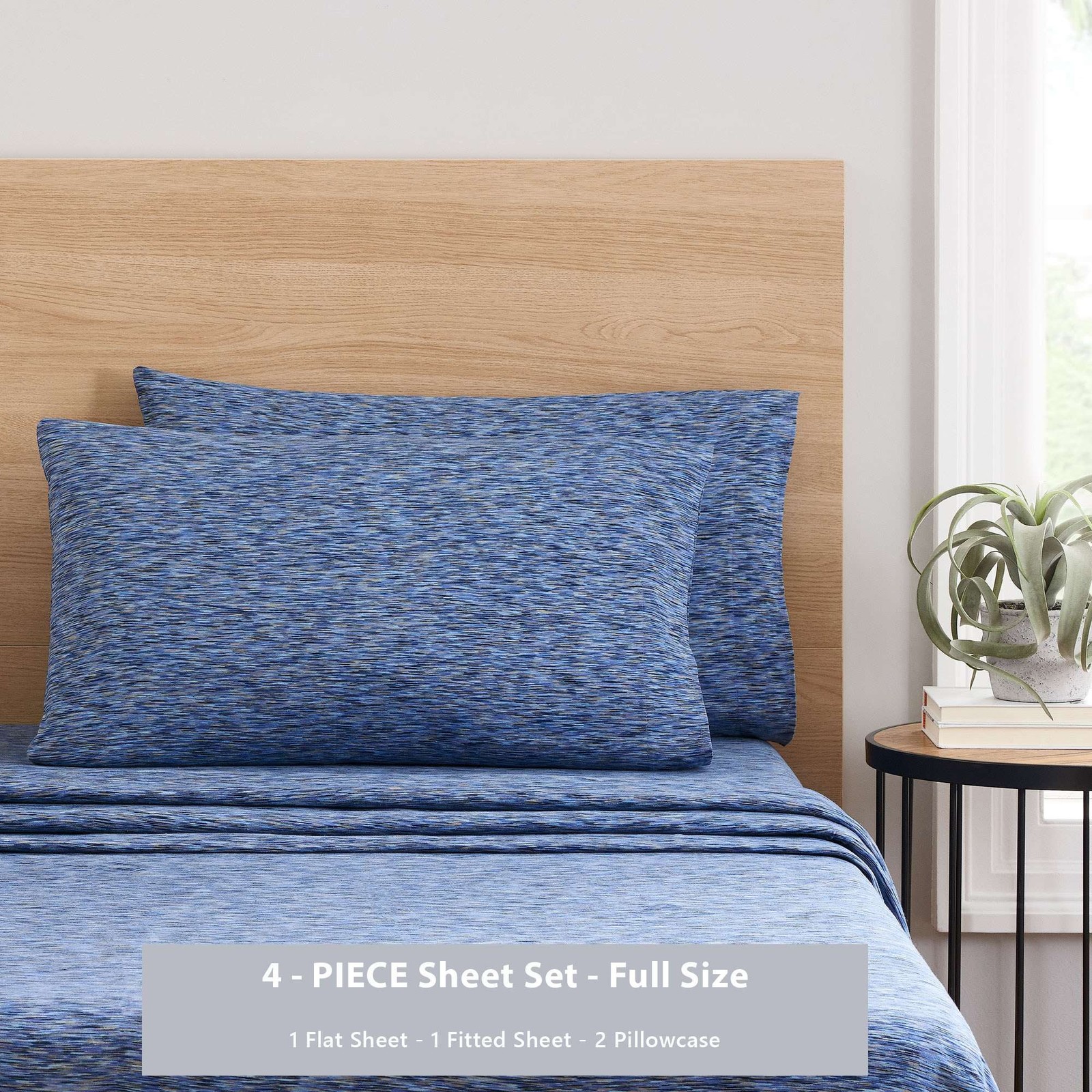 100% Cotton Extra Soft Jersey Bed Sheet Set Full Blue Crackle 4 Pieces