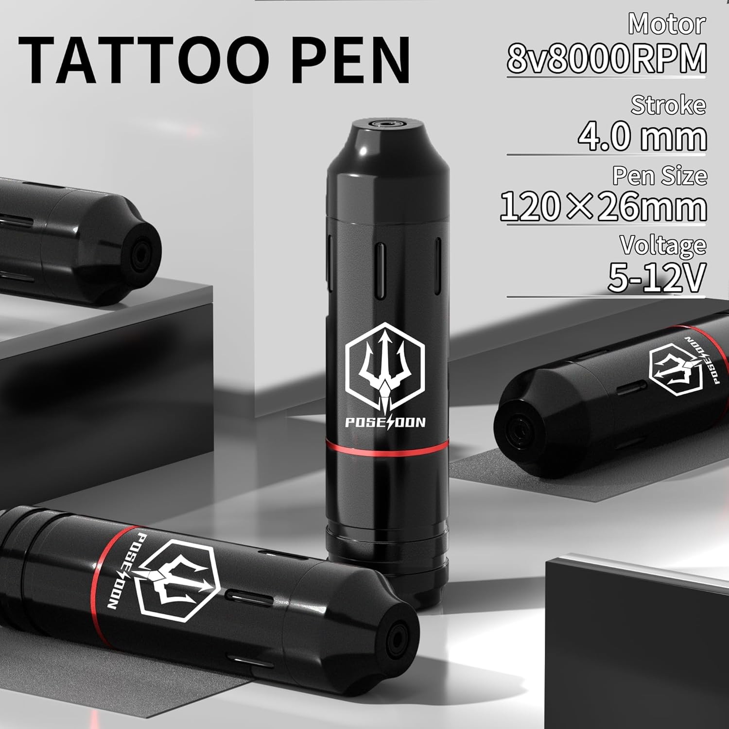 POSEIDON Tattoo Pen Set, Wireless Gun Kit Multicolor, Black