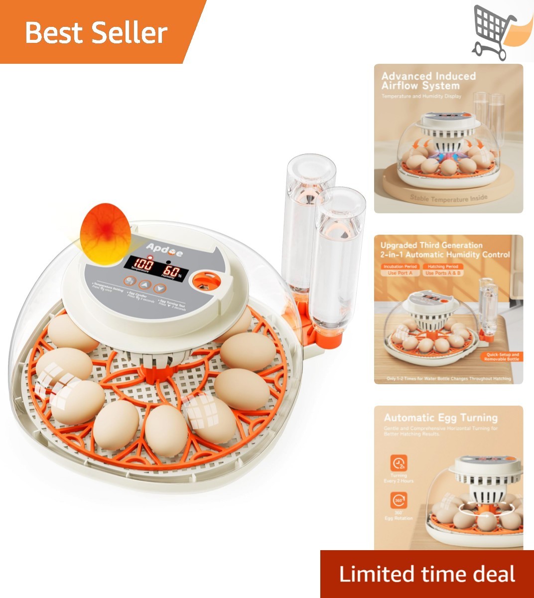 Egg Incubator Digital Auto Turn Humidity Control 360° View for Chicken Ducks ...
