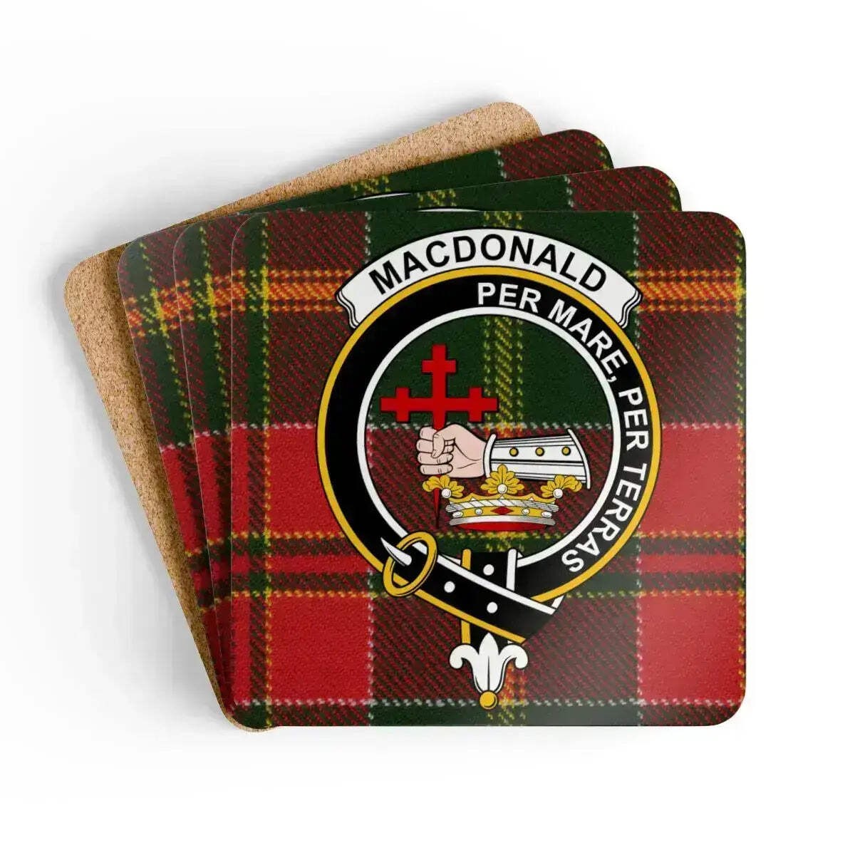 MacDonald Clan Crest Tartan Coaster Set – Set of 4 Natural Cork