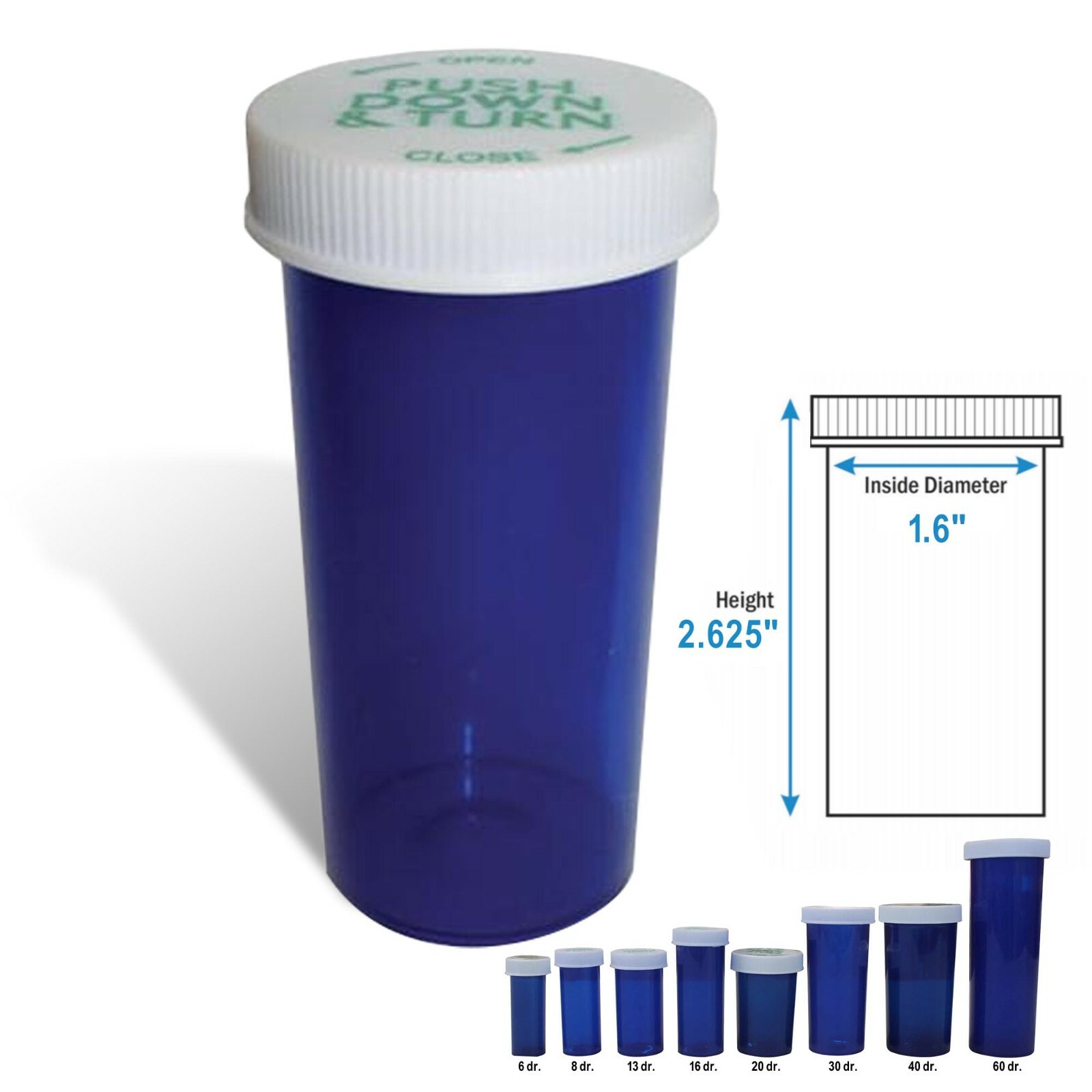20 Dram Blue Prescription Vials, Safety Cap Medicine Vials, 360/Case