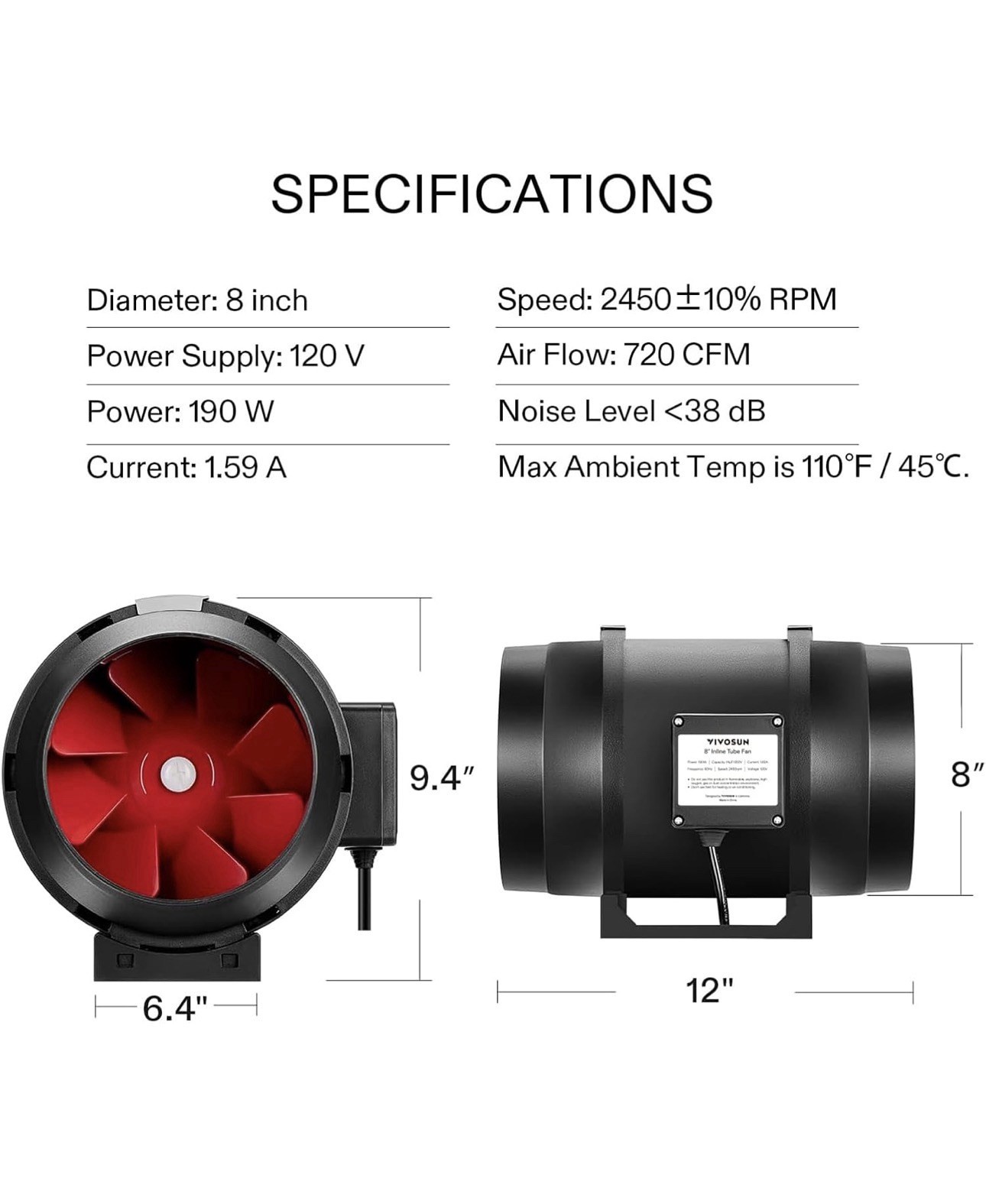 VIVOSUN R8 8 Inch 720 CFM Inline Duct Ventilation Fan with Variable Speed
