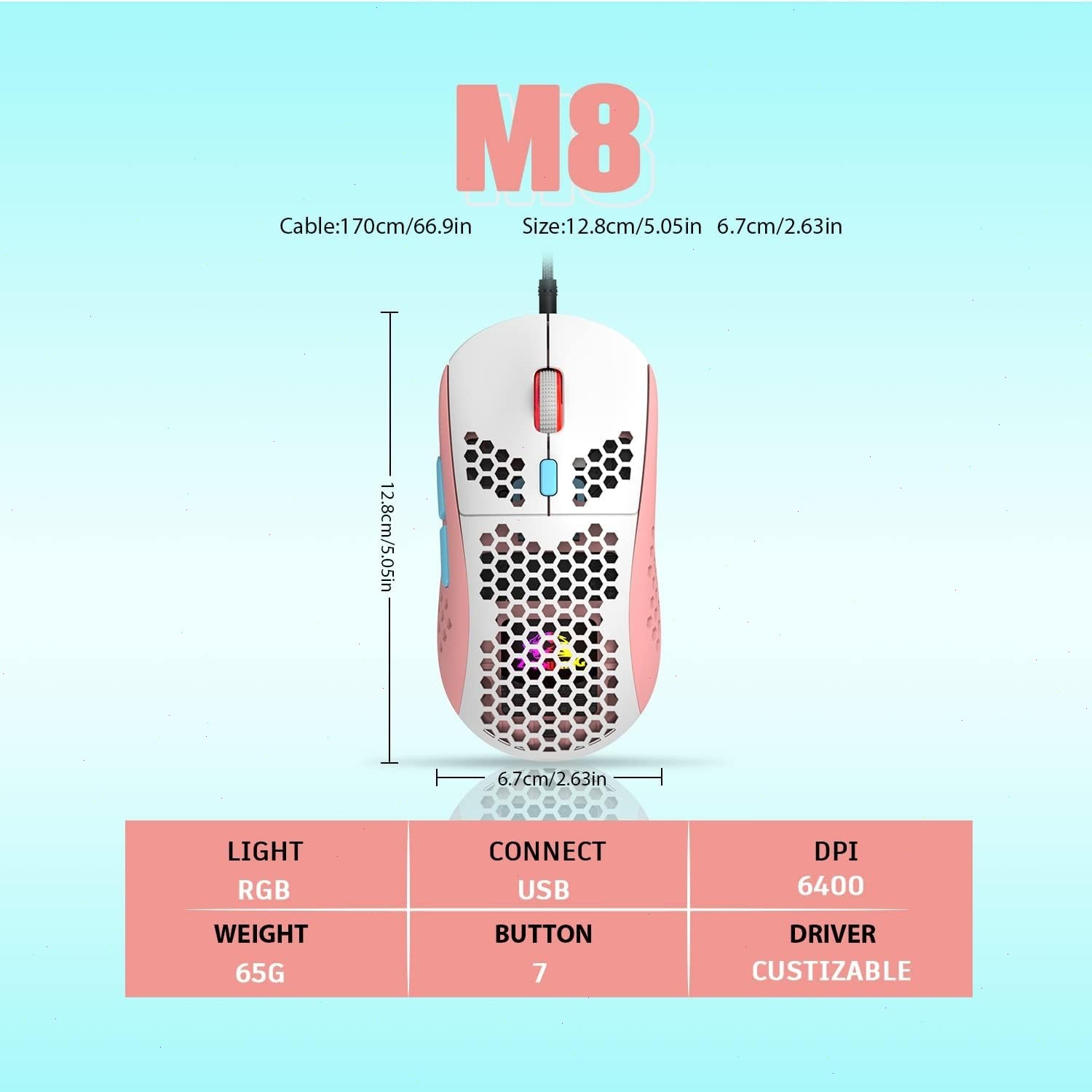 PINK UK RGB Backlit USB Wired Optical Gaming Mouse for PC Computer 6400 DPI