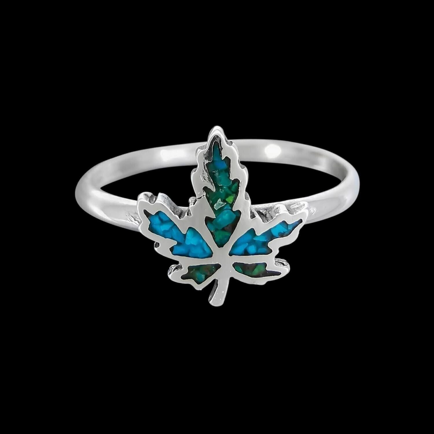 Size 7 Green and Blue Turquoise Palmate Leaf Ring