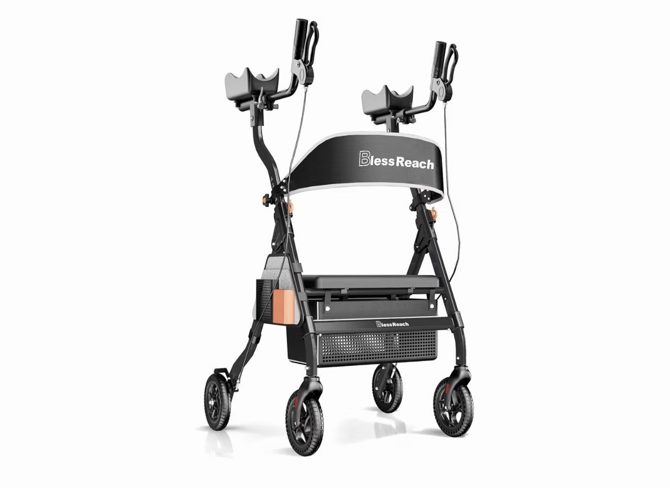 Heavy-duty upright rollator with 450 lb capacity and 6-level height adjustment.