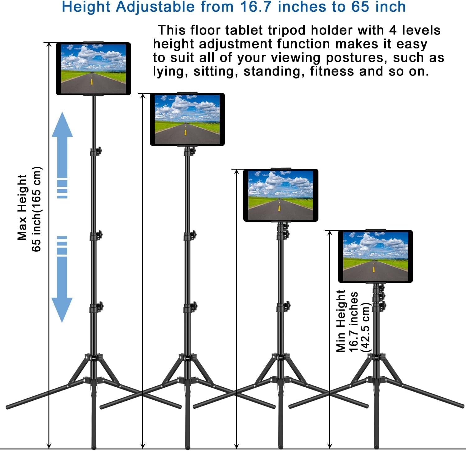 Adjustable 65 Inch Height Tripod Stand for iPad and Tablets