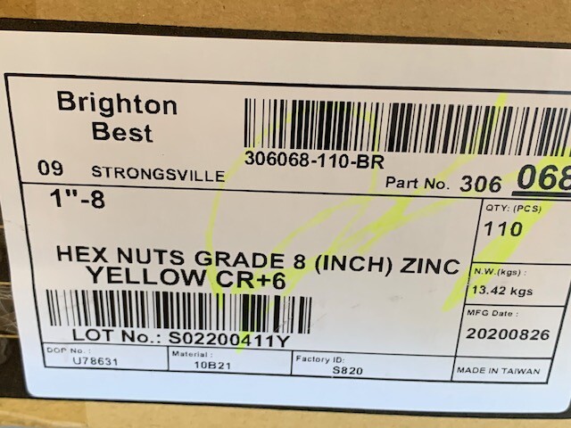 1" - 8 UNC GRADE 8 YELLOW ZINC PLATED HEX NUT (1 NUT)