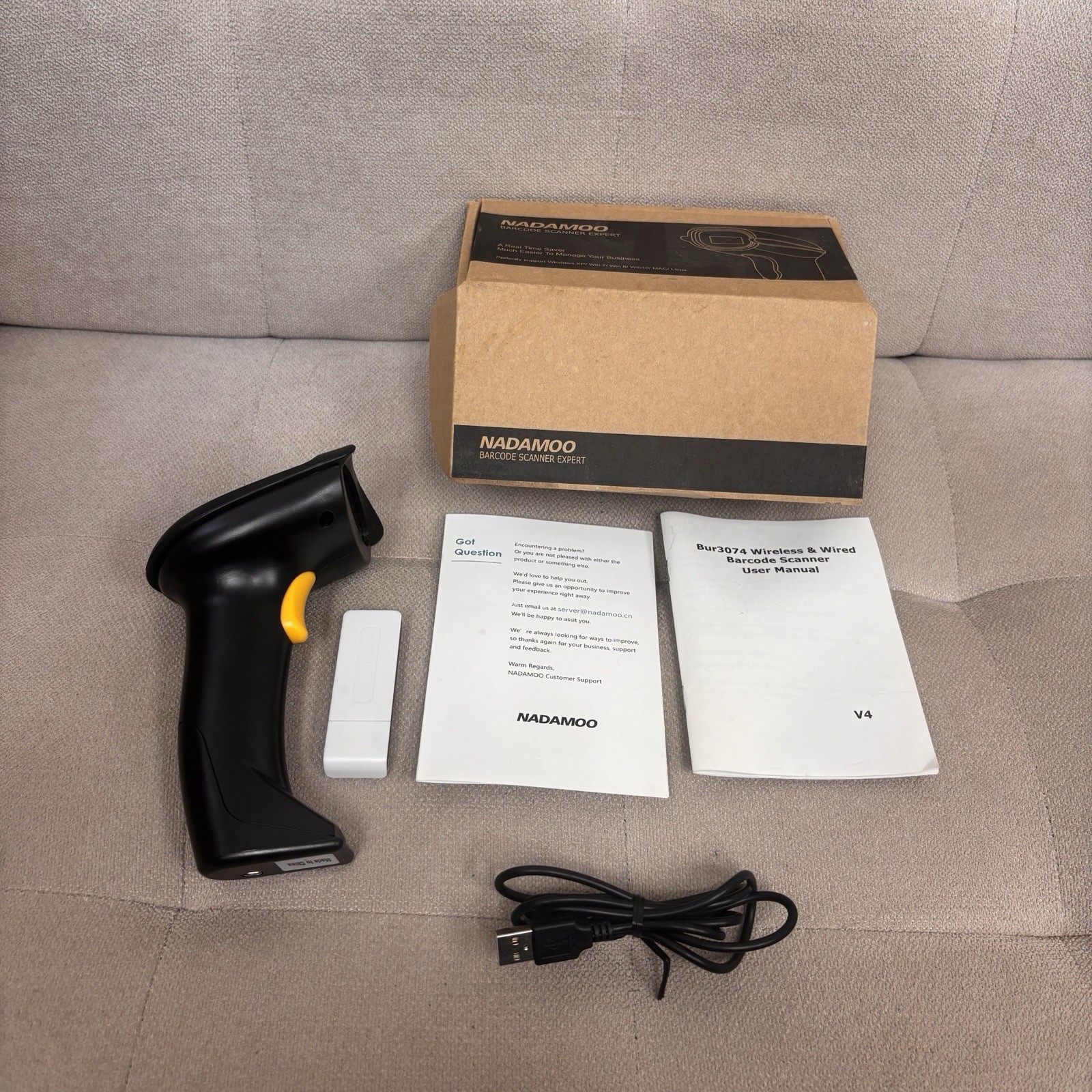 NADAMOO BUR3074 Wireless Barcode Scanner USB Receiver Cable Box