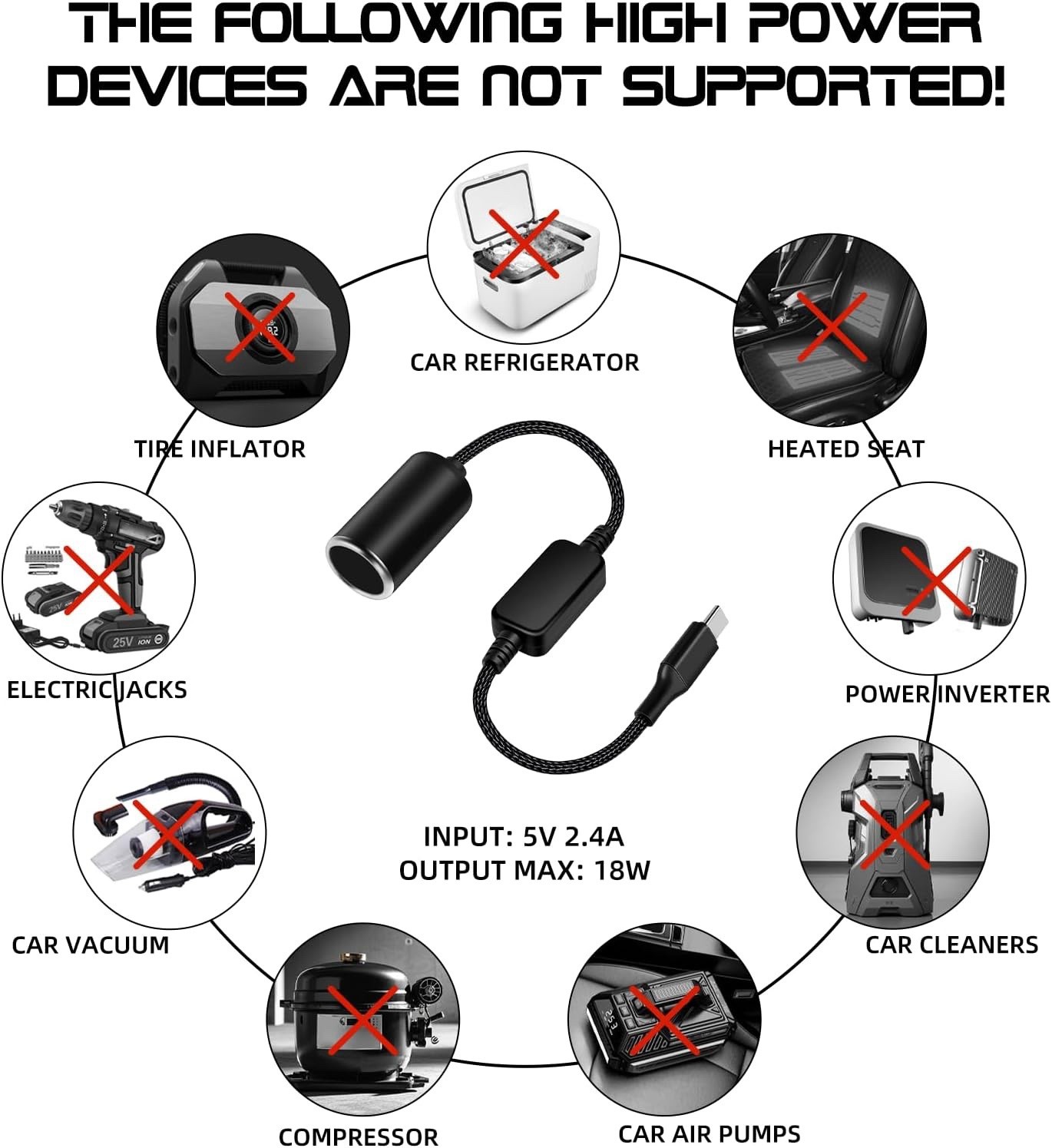 2 Pack 2套USB C Male to 12V Cigarette Lighter Socket Adapter 12V 18W Power Cable