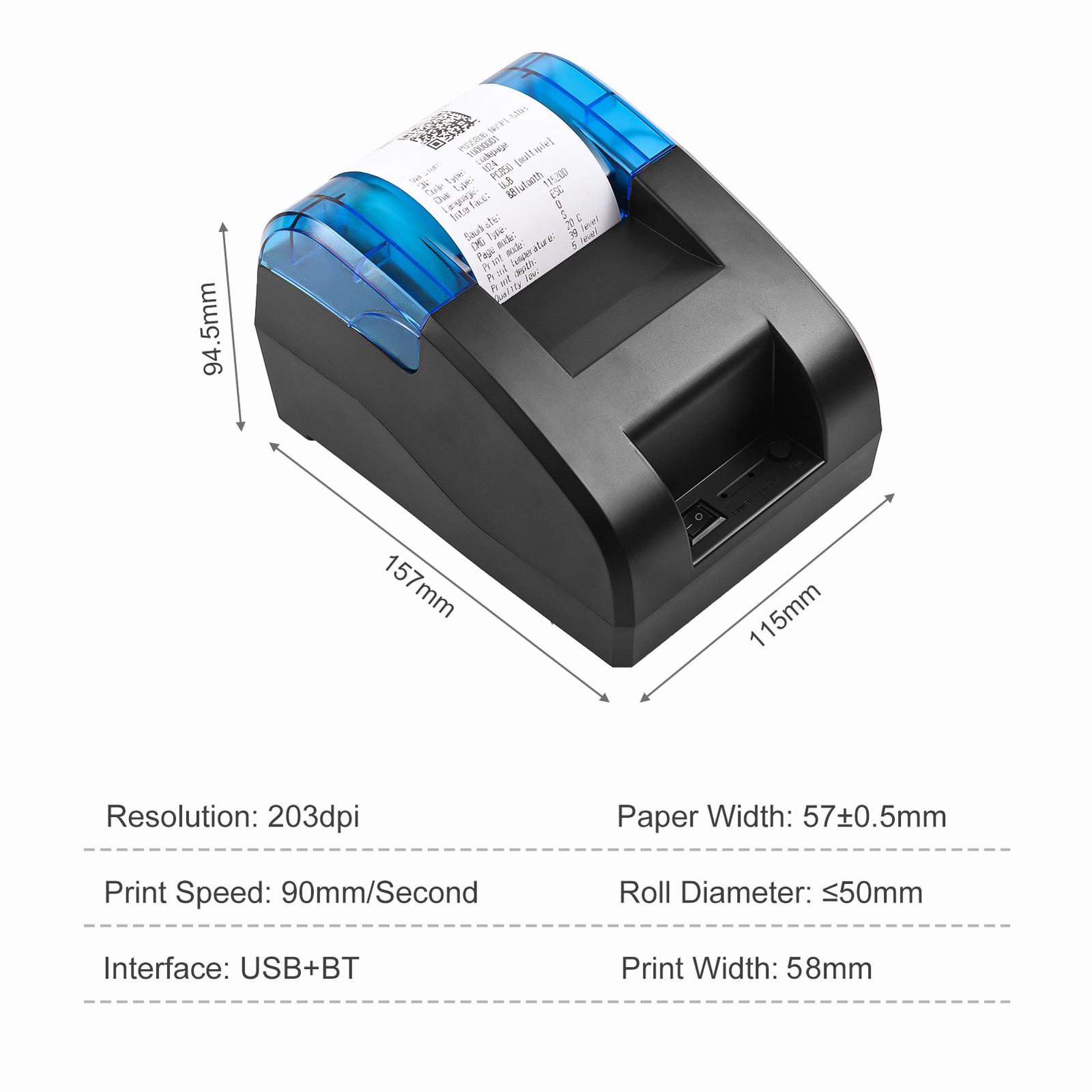 7-58mm Thermal Receipt Printer Desktop USB BT Wireless Connection Printer