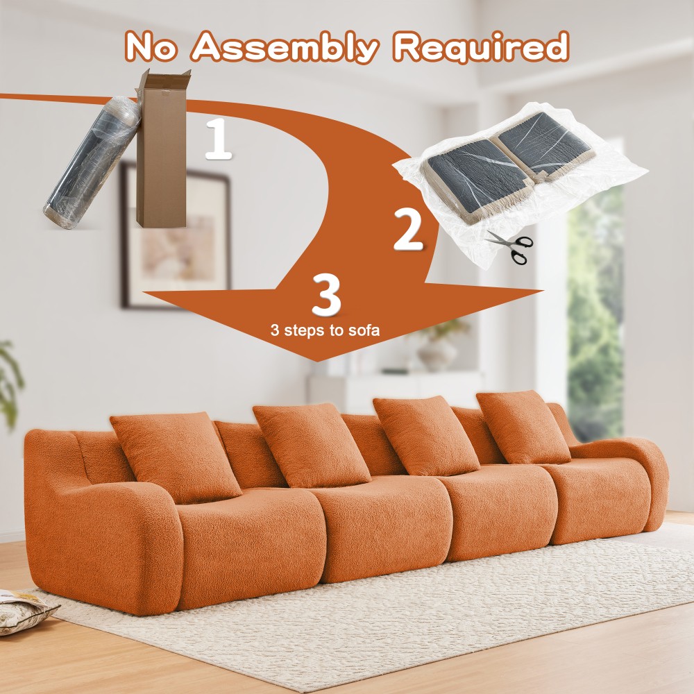 4-Seat Teddy Fabric Sofa, No Assembly Required w/ Curved Armrests, Orange