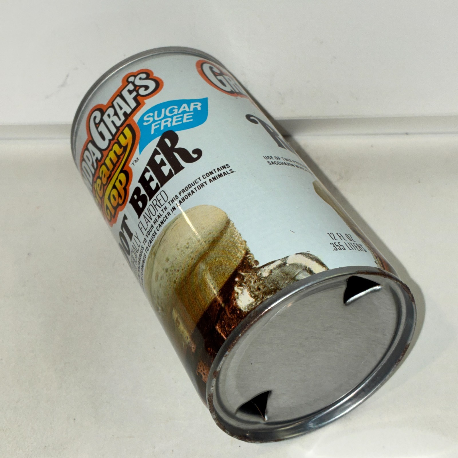 Grandpa Graf's Sugar Free Root Beer soda can, bottom opened