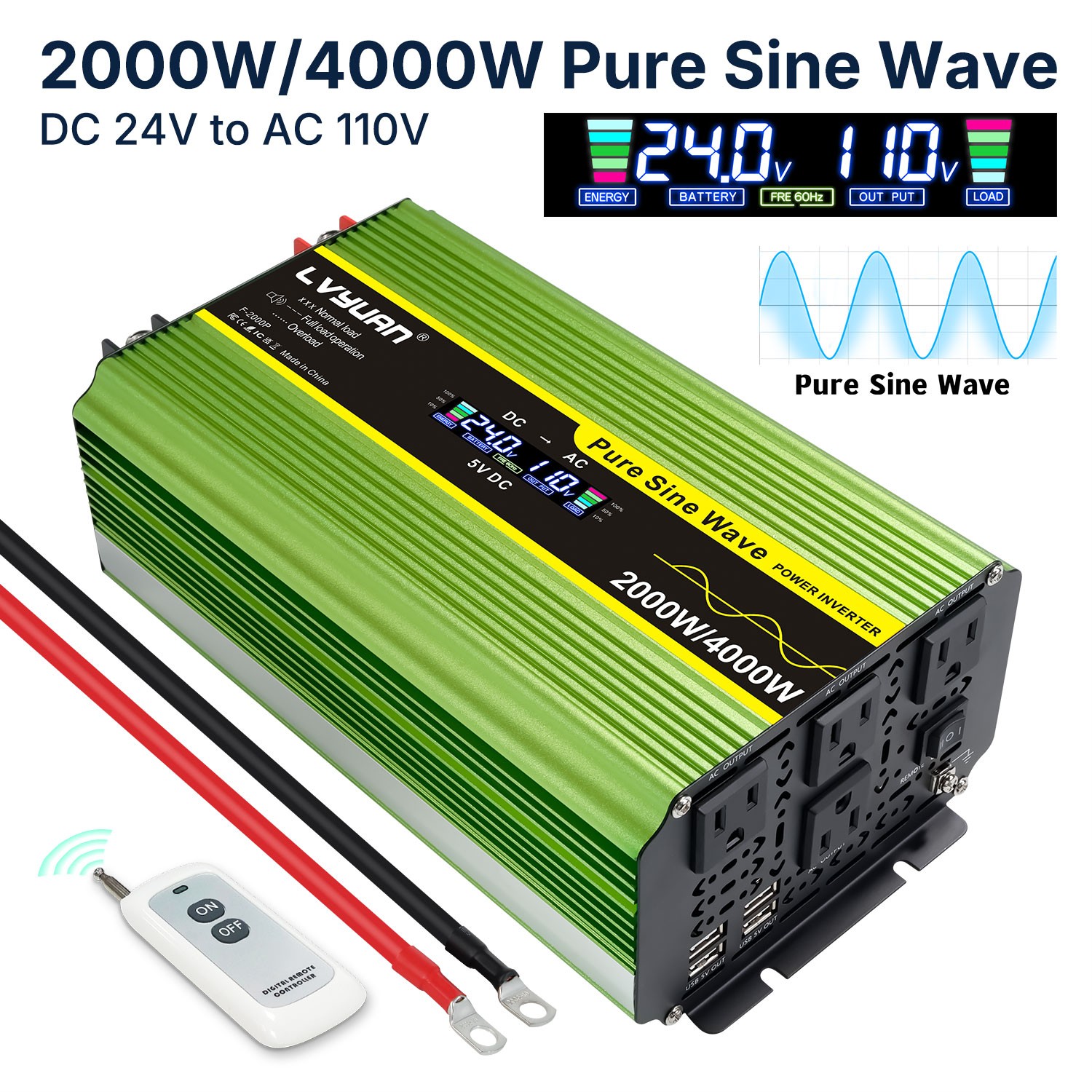 2000W 4000W Pure sine Wave Power Inverter Converter 24V to 110V w/4AC 4USB LCD