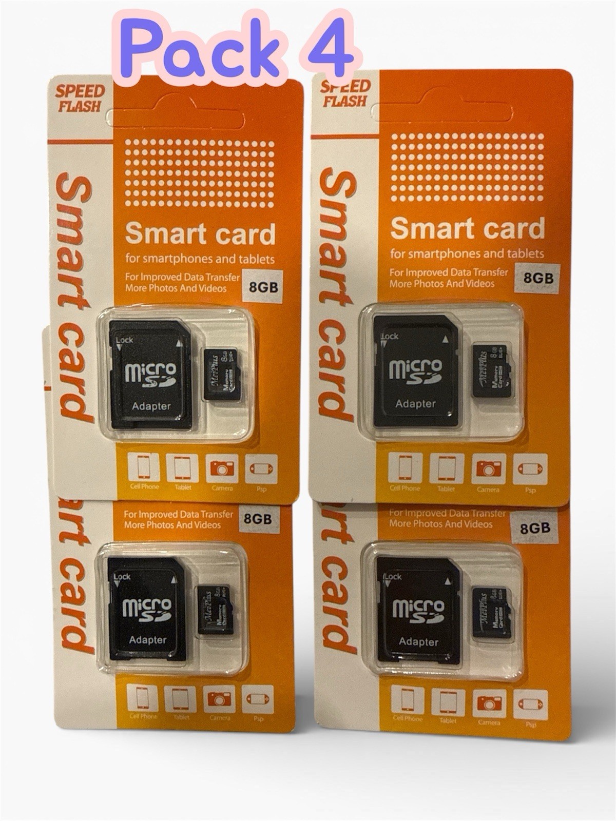 Speed Flash High Speed 8GB MicroSD Memory Card with Adapter. (Pack 4) MeiPlus