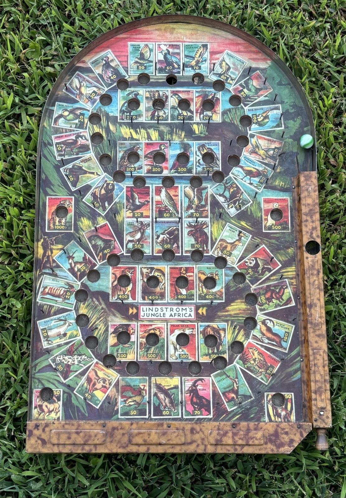 1934 Lindstrom's " Jungle Africa " Bagatelle Tabletop Pinball Game VTG Tin Toy