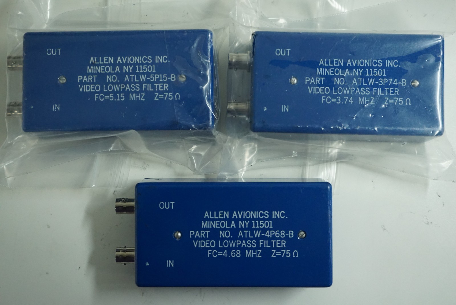 Lot of 3 Allen Avionics Inc. Video Lowpass Filters ATLW-4P68-B, 3P74-B, 5P15-B