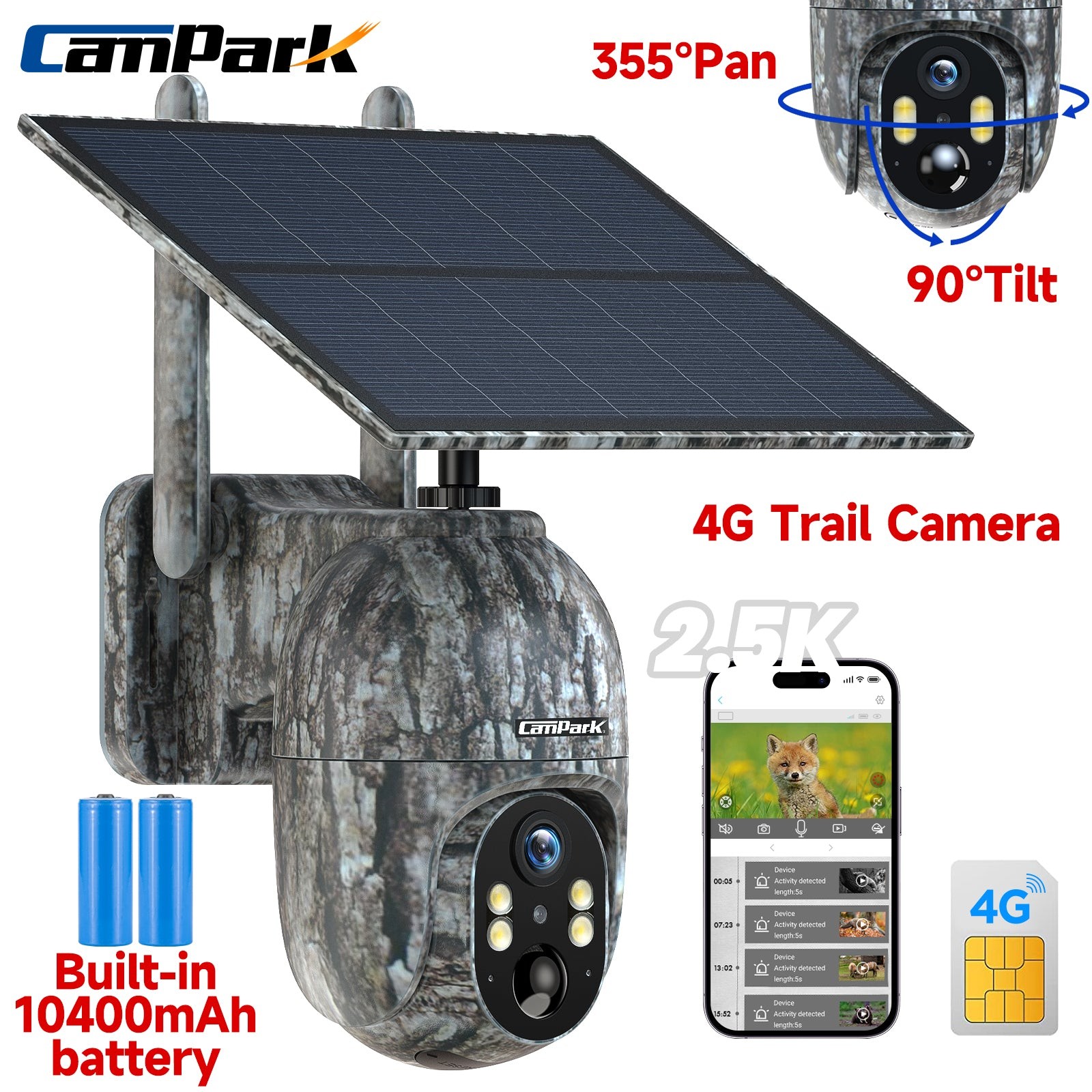 Campark 2.5K 4G LTE Solar PTZ Trail Camera Game IP66 Security Camera + SIM Card