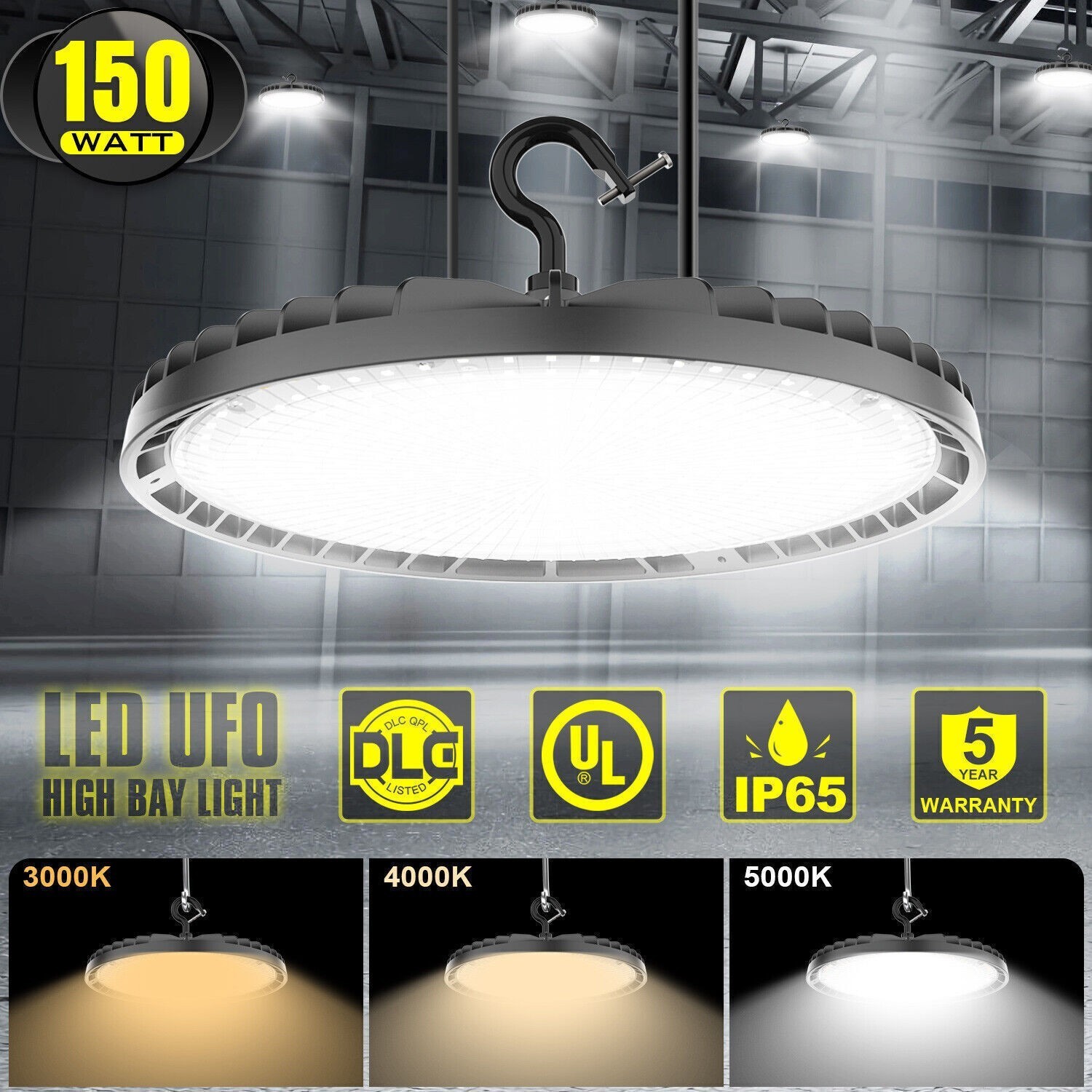 US Plug LED High Bay Light 150W 120W 90W Adjustable Commercial Warehouse Fixture