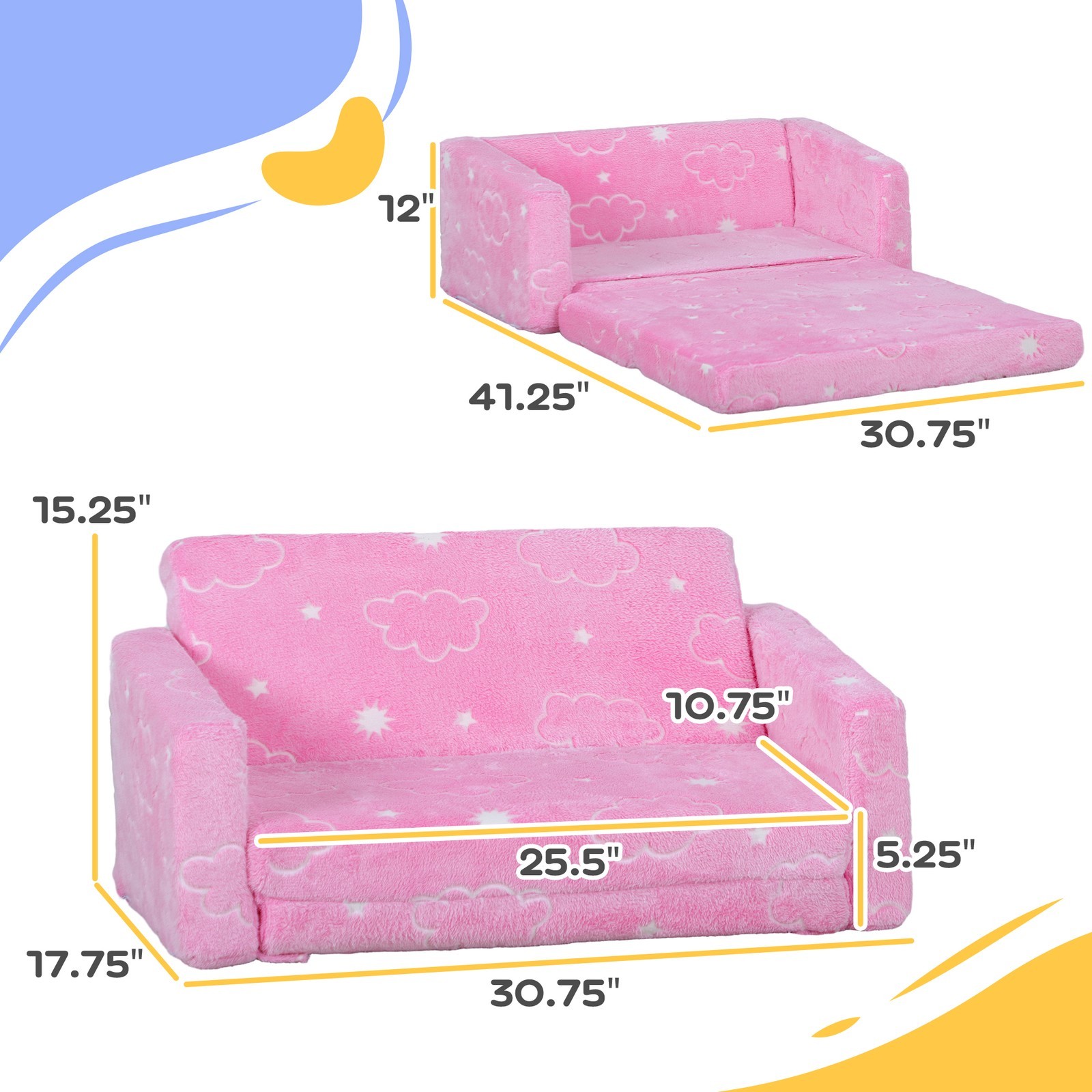 2 in 1 Kids Sofa Chair, Toddler Couch with Glow in The Dark Cosmic Patten