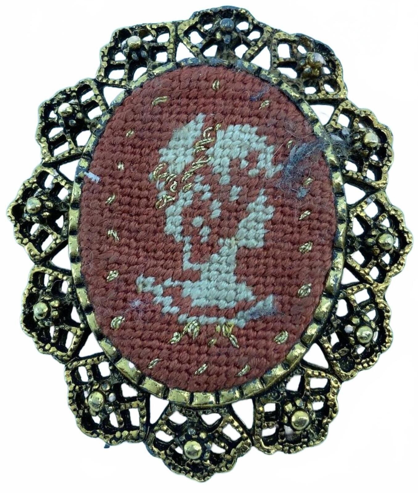 Vintage Petit Point Embroidery Goldtone Victorian Style Brooch Pendant