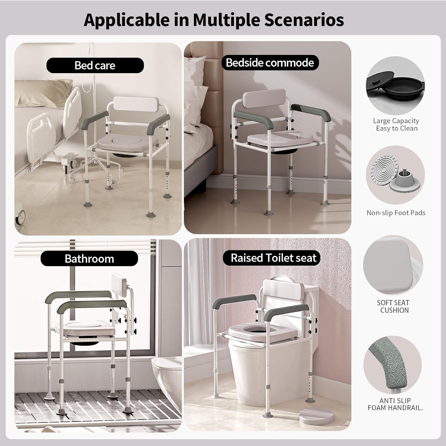 Medical Bedside Commode Chair Drop Arm Height Adjustable Padded Backrest