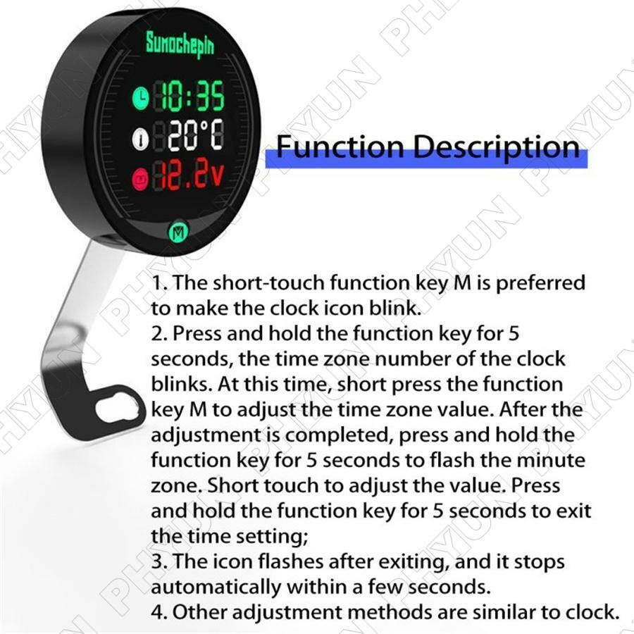 5 IN 1 Digital Motorcycle Water Temperature Voltage Meter w/22mm Sensor Adapter