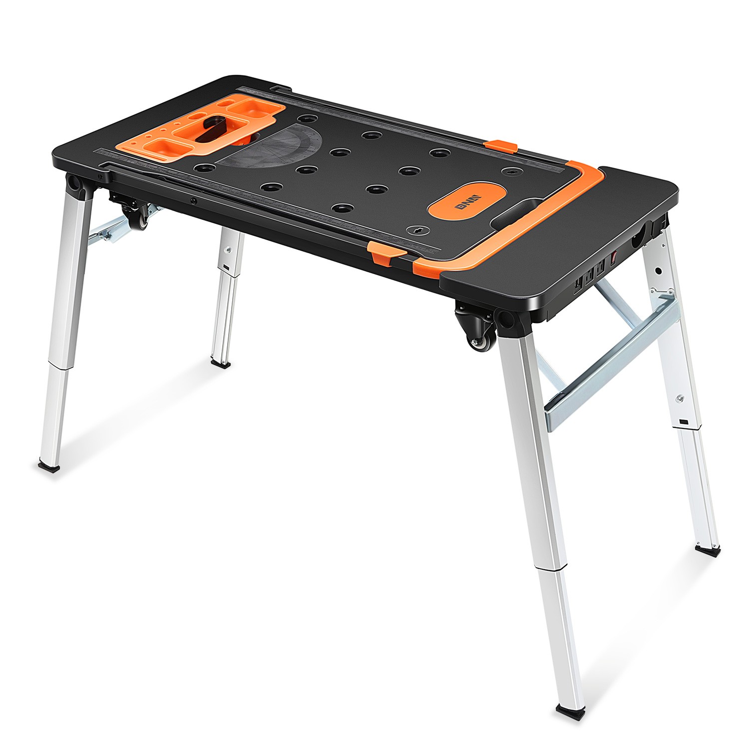 7-In-1 Multifunctioanl Adjustable Foldable 220LB Work Bench w/ 4 Wheels Orange