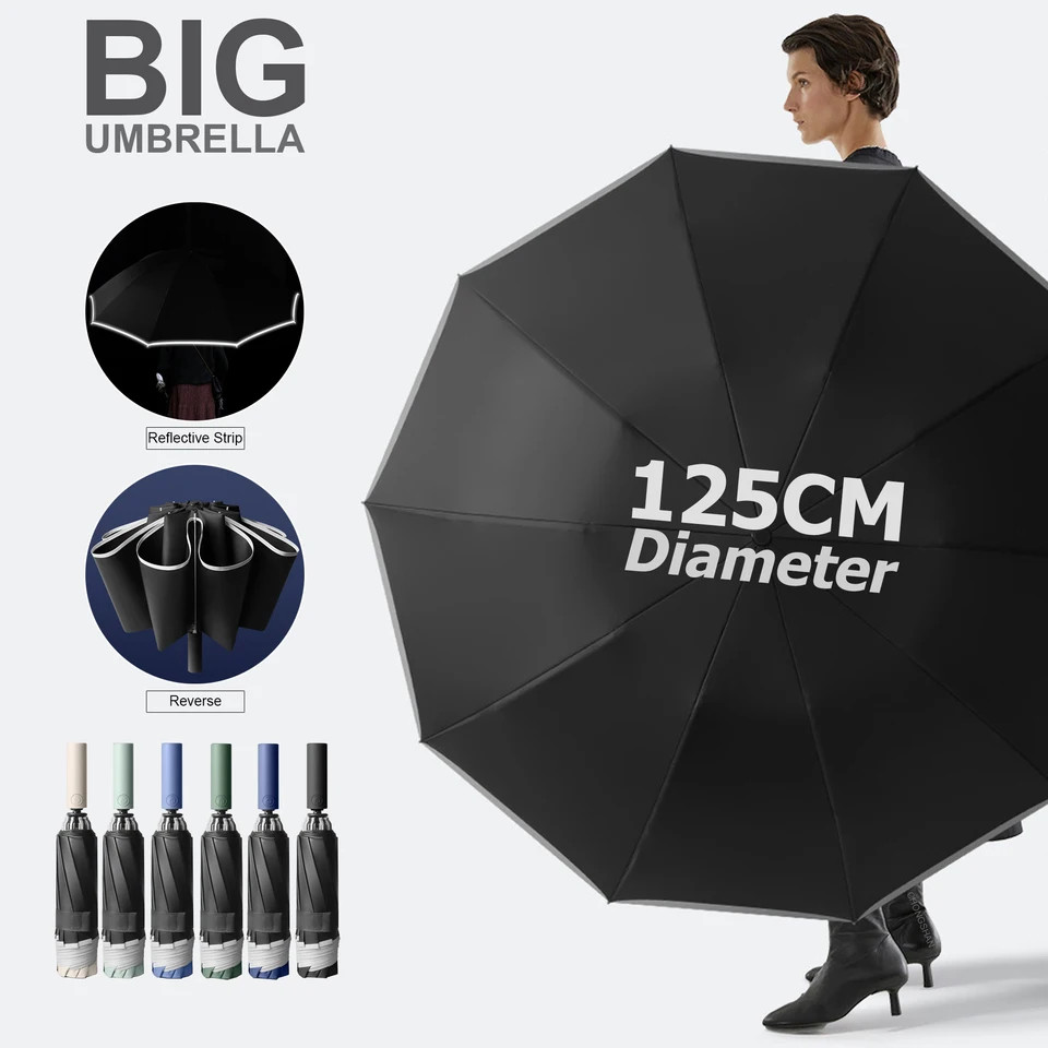 Automatic Folding Umbrella Large 125cm Windproof UV Reflective Golf Rain