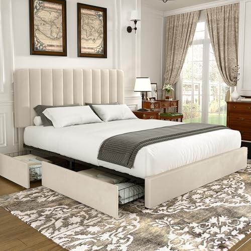 Size Upholstered Bed Frame with 4 Drawers Queen Beige Bed Frame with Drawer