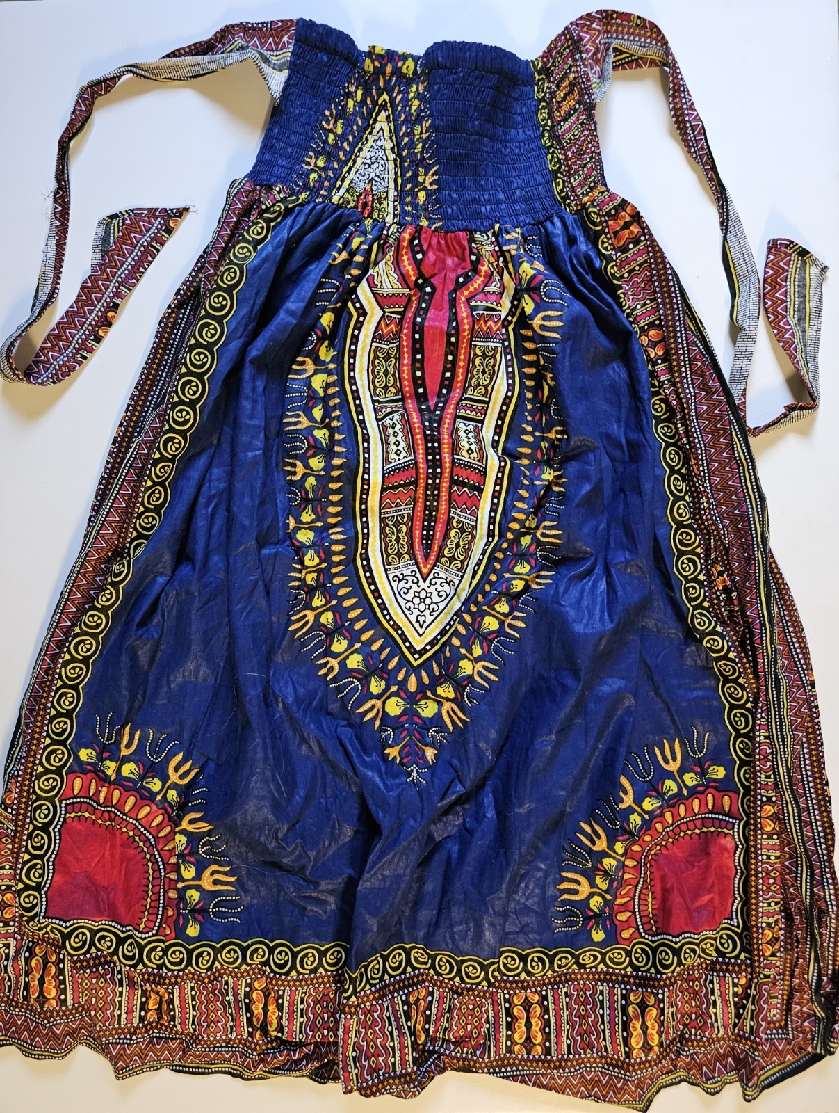 African Dress Blue & Red with Dashiki Design w/ Smocked Bodice & Tie Straps