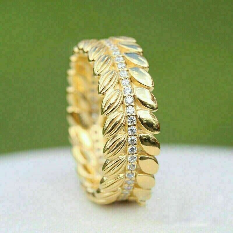 Leaf Band Engagement Band Ring 14K Yellow Gold Plated 2Ct Round Real Moissanite