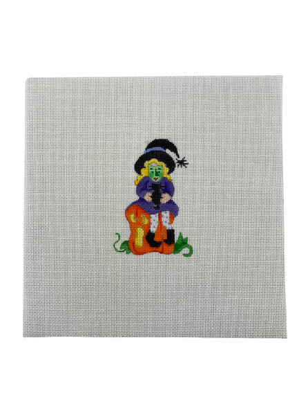 Katie Did 9" Hand Painted Needlepoint Witch on Pumpkin Cat Canvas Pattern