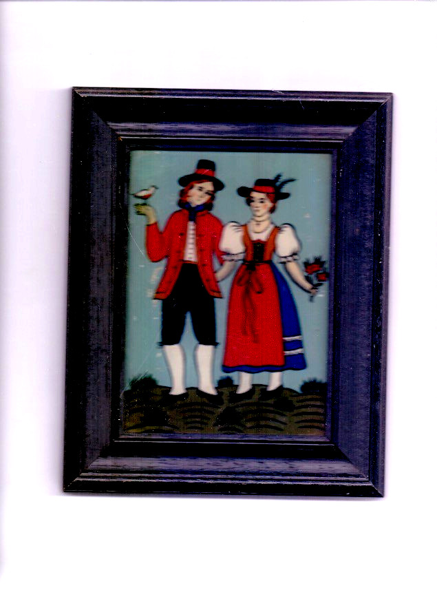 Costume Couple with Dove Bouquet of Flowers Naive Back Glass Picture Back Glass Painting