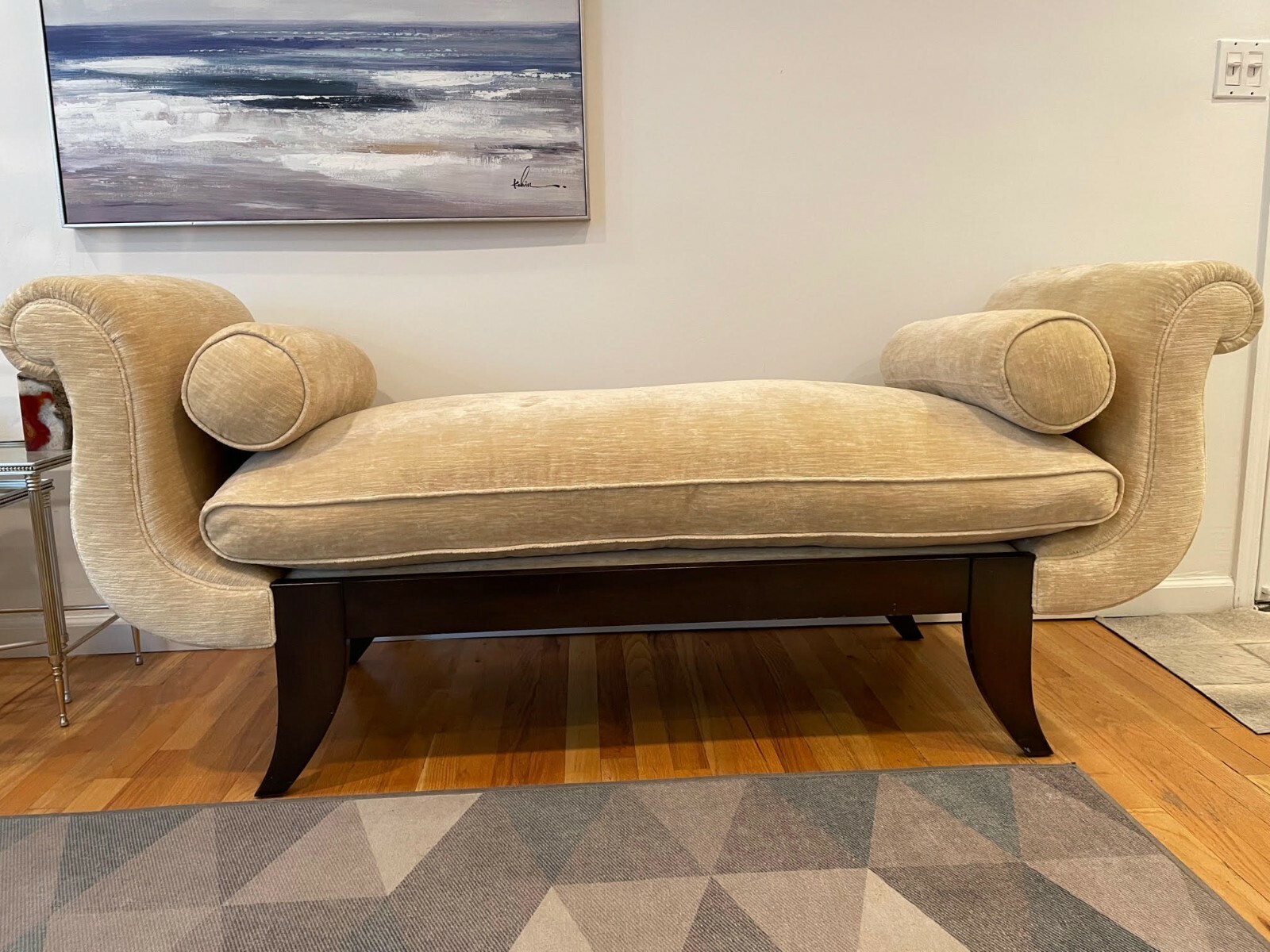 rolled arm bench, classic design, slightly used. high end craftsmanship