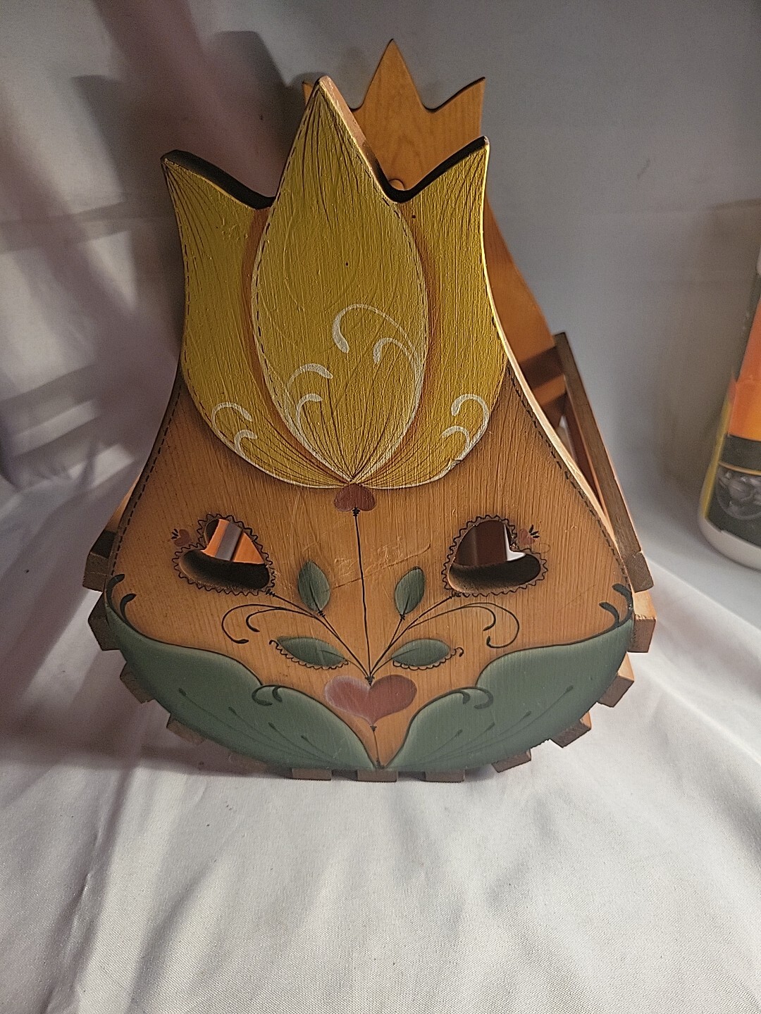 Vintage wood slat basket With Beautiful Flower Carving/painting and Hearts!