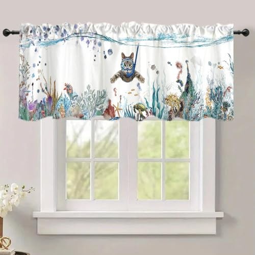 Art Studio 54x18 Inches Cute Cat Window Treatment Valance Dive Colorful White
